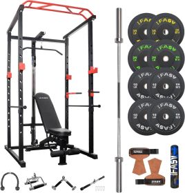 Multi-functional Power Cage,Home Adjustable Pullup Squat Rack 1000Lbs Capacity Comprehensive Fitness Barbell Rack (Color: Black-Red)